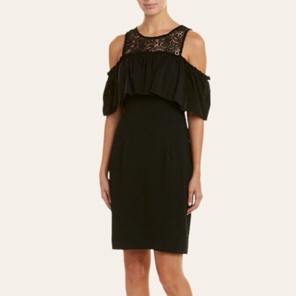 TRINA TURK Lauren Black Lace Cold Shoulder Sheath Mini Dress in Black 8 - Picture 3 of 12